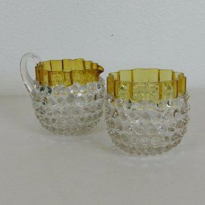 Hobbs Brockunier Dew Drop Hobnail Clear Yellow Glass Cream Sugar Set 4 in tall